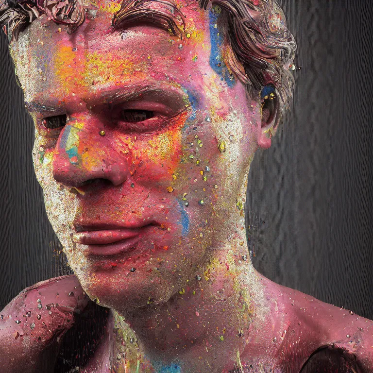 Image similar to octane render portrait by wayne barlow and carlo crivelli and glenn fabry and wes anderson, a vintage monster made out of siny reflective liquor bottles and multicolored oil puddles, cinema 4 d, ray traced lighting, very short depth of field, bokeh