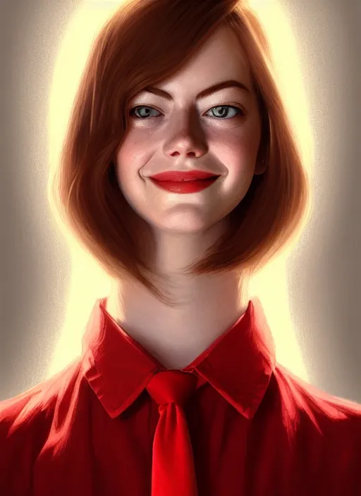 Prompt: portrait of teenage emma stone, long haircut, flowing ginger hair, white shirt, red tie, smiling kindly, 1 9 8 0 s, intricate, elegant, glowing lights, highly detailed, digital painting, artstation, concept art, smooth, sharp focus, illustration, art by wlop, mars ravelo and greg rutkowski