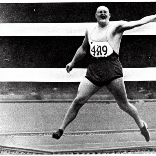 Image similar to peter griffin winning gold for hungary in the 1 9 3 8 berlin olympics, shotput medalist, black - and - white photograph