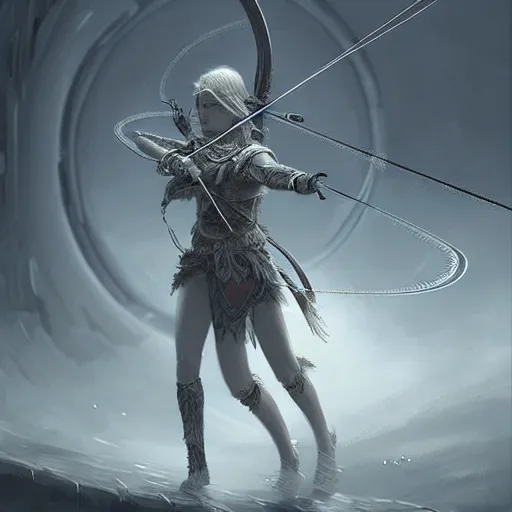 Prompt: beautiful extremely detailed intricate concept art depicting an archer by wlop. shining jewelry. grey atmosphere. particles in the background. bcy. net