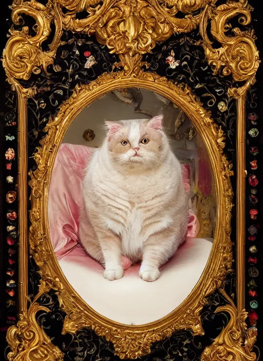 Prompt: a magnificent portrait of a cross - eyed cute fluffy fat cat on a precious embroidered velvet cushion on a neo - rococo gilded little bed with precious stones, ball of yarns all around, by pierre et gilles, photorealistic, canon r 3, photography, wide shot, symmetrical features, symmetrical pose, wide angle shot, standing pose, feet on the ground