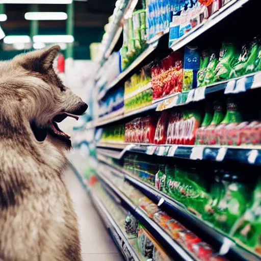 Prompt: anthro Canis lupus arctos arctic wolf werewolf man buying groceries at supermarket professional photo