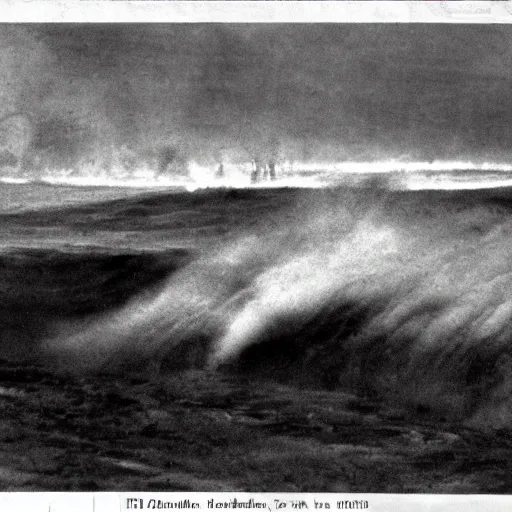 Prompt: grainy 1800s photo of a huge tidal wave of mud about to engulf a city