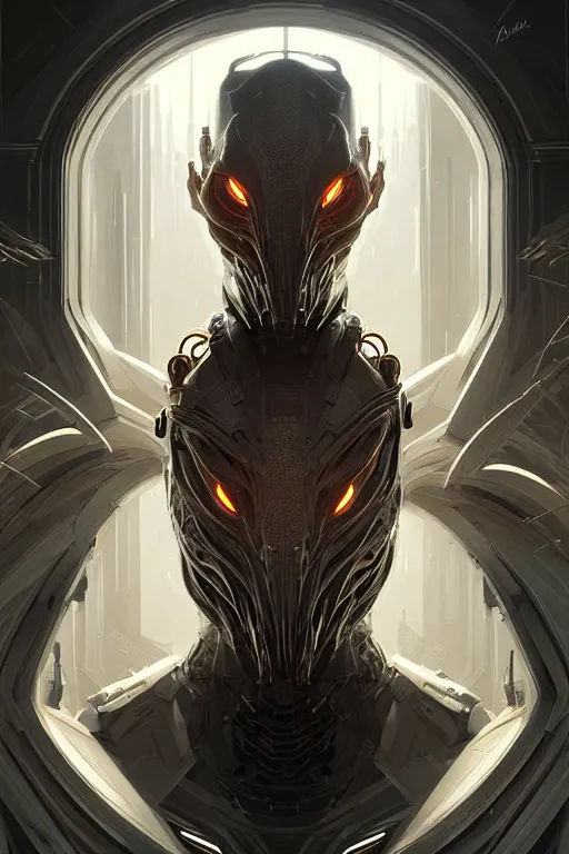 Image similar to professional concept art symmetrical portrait of a horrendous mechanical predatory species in a dark room by artgerm and greg rutkowski. an intricate, elegant, highly detailed digital painting, abstraction, concept art, smooth, sharp focus, illustration, in the style of cam sykes.