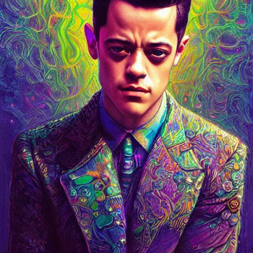 Prompt: portrait of rami malek, hyper detailed masterpiece, neon floral pattern, jean giraud, digital art painting, darkwave goth aesthetic, psychedelic, artgerm, donato giancola and tom bagshaw