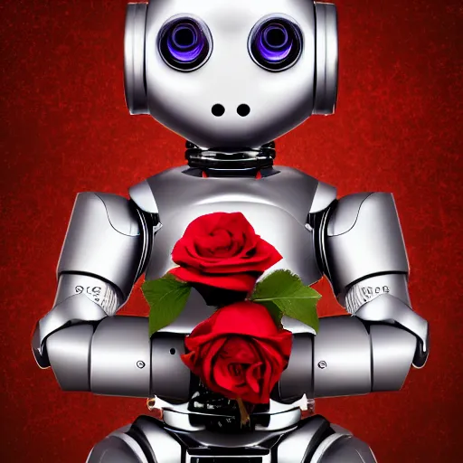 Image similar to a portrait of expressive robot, small, young, cute, large expressive eyes, biped, holding a rose, highly detailed, digital photo, hdri, by christopher bretz and john carpenter, vivid colors, high contrast, 8 k resolution, intricate, photorealistic, smooth, psychedelic color scheme, concept art, award winning, cg society contest winner