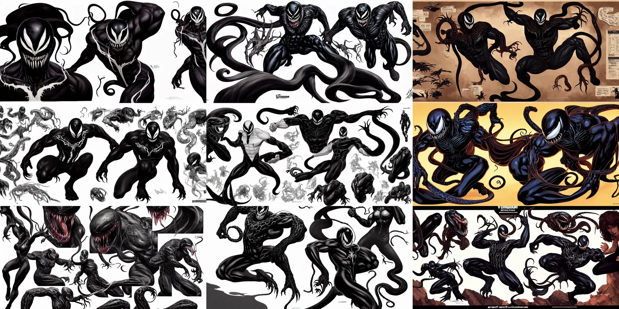 Prompt: venom eating dinner, character sheet, character design, contrast, deep focus, turnaround, highly detailed, dramatic lighting, digital painting, artstation, concept art, matte, sharp focus, illustration, elegant, art by artgerm and greg f and alphonse mucha.