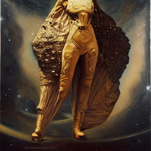 Prompt: highly detailed oil painting | very intricate | cinematic lighting | award - winning | astronaut space fashion by alexander mcqueen | by roberto ferri, by tom bagshaw, by j. c. j leyendecker and klimt, american romanticism, by austin osman spare, artstation, cgsociety, official art, octane