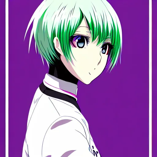 Prompt: anime poster film still portrait, young black woman, black black black woman, purple colored eyes!!!!, white french bob hairstyle, white hair color, white hair color, green colored bomber jacket, detailed facial features, dynamic pose,, rimlight, cel shaded, 4 k