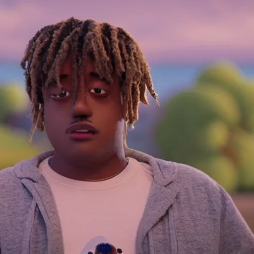 Image similar to a cinematic film still from a 2022 Pixar movie about Juice WRLD, in the style of Pixar, shallow depth of focus