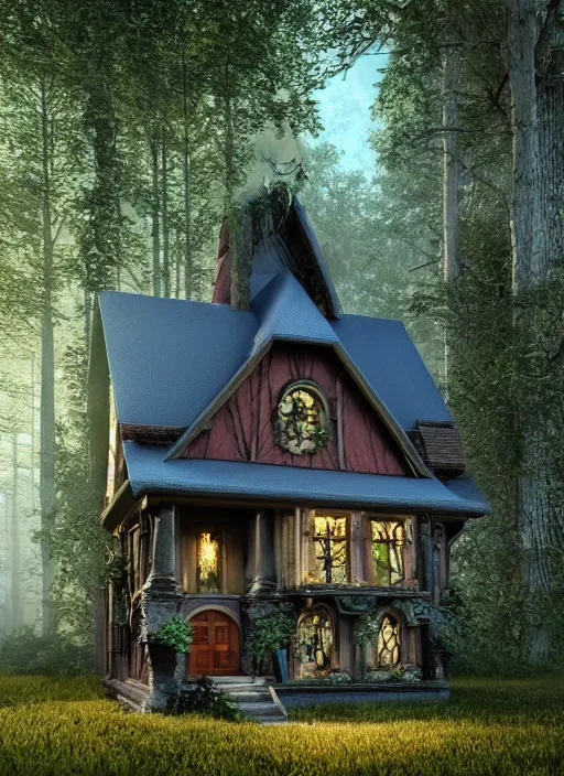 Prompt: hyper realistic homely ornate witch cottage architectural, in the woods gorgeous lighting, blue sky, highly detailed, lush forest architectural render, octane render, ue 5 raytraced