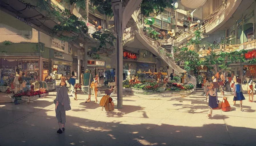 Image similar to “ craig mullins and studio ghibli illustration of 1 9 8 0 s shopping mall, lush landscape, 1 9 8 0 s pop culture landscape, big fountains, unreal engine, hyper realism, realistic shading, cinematic composition, realistic render, octane render, detailed textures, photorealistic, wide shot ”