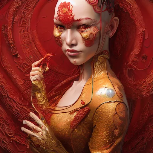 Image similar to The red alien lady, intricated traditional Chinese textures, rococo decorations, hyper detail, Unreal engine,Octane render, by Karol Bak