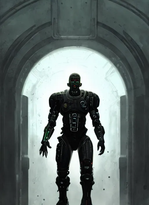 Image similar to tom cruz as victor stone, full body concept, cyborg, borg, strogg, face of a man, terminator, flesh, quake strogg, doom demon, wolfenstein, monstrous, powerful, symmetry, symmetrical, concept art by ruan jia and greg rutkowski