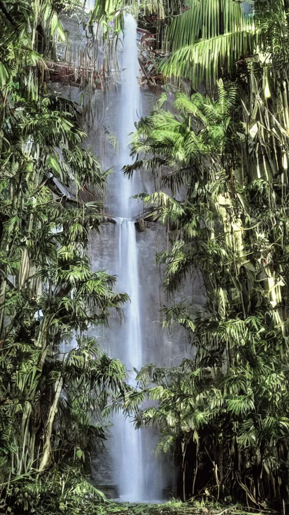 Image similar to 1980s magazine photo of a waterfall in a decaying abandoned mall, with interior potted palm trees, dappled sunlight, faded colors