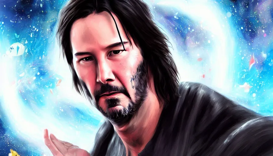 Image similar to Keanu reeves floating in space with extatic facial expression, digital art, artstation, artgem