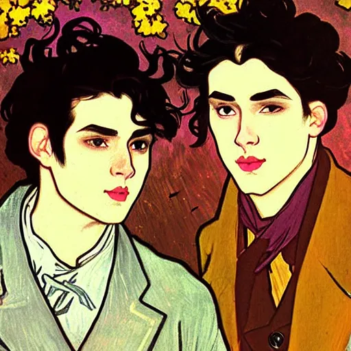 Image similar to painting of young cute handsome beautiful dark medium wavy hair man in his 2 0 s named shadow taehyung and cute handsome beautiful min - jun together at the halloween! party, bubbling cauldron!, candles!, smoke, autumn! colors, elegant, wearing suits!, delicate facial features, art by alphonse mucha, vincent van gogh, egon schiele