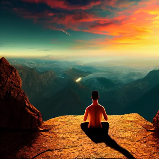 Image similar to photorealistic man meditates on a mountaintop, looking into the horizon, magical, impressive, infinity, sunset light, Atmospheric phenomenon, matte painting, dream-like award-winning digital art, muted colors, conceptual