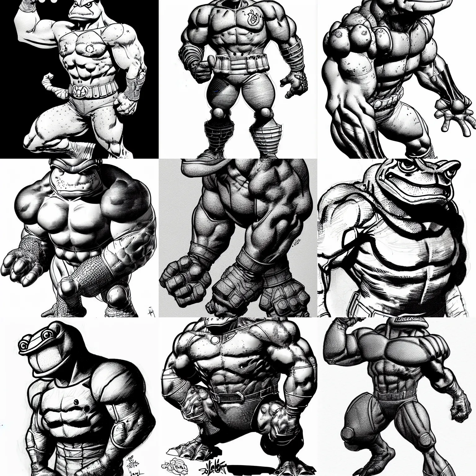 Image similar to toad animal!!! jim lee!!! sideview full shot!! flat grayscale ink sketch by jim lee close up in the style of jim lee, ( attention pose ) cyborg! rugged knight hulk toad animal superhero by jim lee