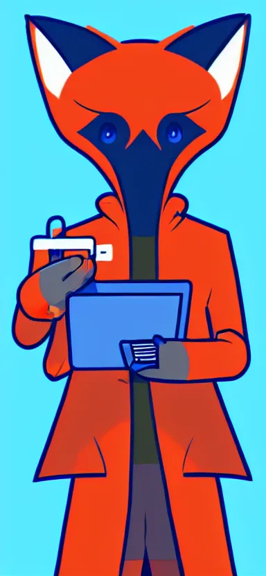 Image similar to a concept art of anthropomorphic fox in a blue hoodie hacking a portable computer, artstation, digital art, oc commission, style by studio trigger