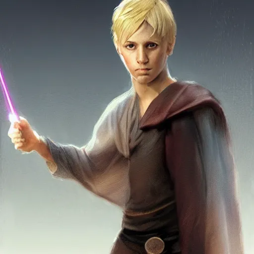 Image similar to a young blonde male jedi with short hair looking away at a threat full body shot concept art by Doug Chiang cinematic concept art, realistic painting, high definition, digital art, matte painting, symmetrical, very detailed, realistic, dramatic lighting, cinematic, establishing shot, extremely high detail, photo realistic, cinematic lighting, post processed, concept art, artstation, matte painting, red color scheme