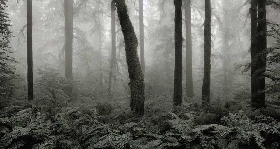 Image similar to deep inside the forest, fog, mist, moss, ferns, by ansel adams, polaroid