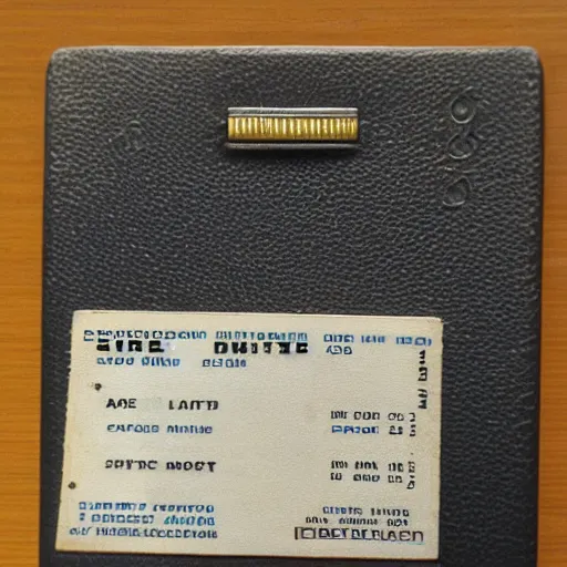 Prompt: 1 9 8 0 s employee id card, science fiction space ship mission document, detailed worn textured