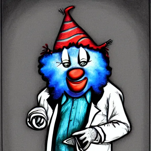 Image similar to a drawing of a clown with a stethoscope and blue shirt, face paint, a character portrait, trending on deviantart, neoplasticism, creepypasta, freakshow, macabre, white background