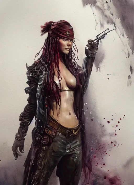 Prompt: full body concept art very wet watercolor of a female pirate, airbrushed painting, stunning, featured on artstation, cinematic lighting, hyperdetailed, cgsociety, 8k, dramatic, dark atmosphere, alluring