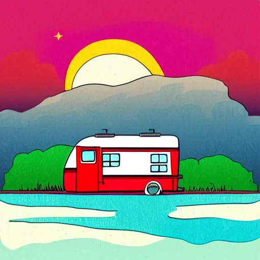 Image similar to beautiful cute cozy very little rv by the water, sunset, puffy cute clouds, cute simple cartoon, vector, white background, watercolor, 4 colors!!!