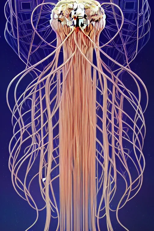 Image similar to beautiful spaghetti jellyfish warrior, ethereal art deco, fantasy, intricate art deco pasta designs, elegant, highly detailed fractals, sharp focus, art by artgerm and beeple and greg rutkowski and wlop