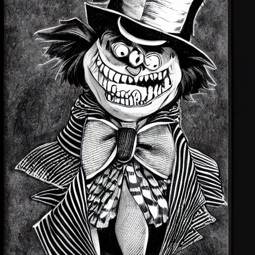 Image similar to a Pop Wonder scary horror themed goofy-hilarious-character Mad-Hatter-wearing a scarf, 3-piece-suit, dime-store-comic drawn with charcoal and pen and ink, half-tone-line-stacking