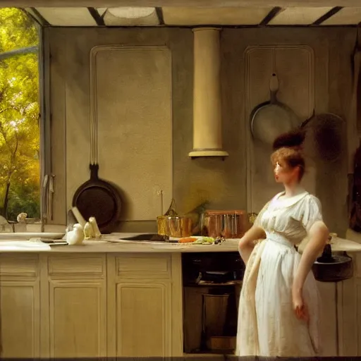 Prompt: guy feirri in a kitchen, painting by Pierre Auguste Cot, dramatic lighting