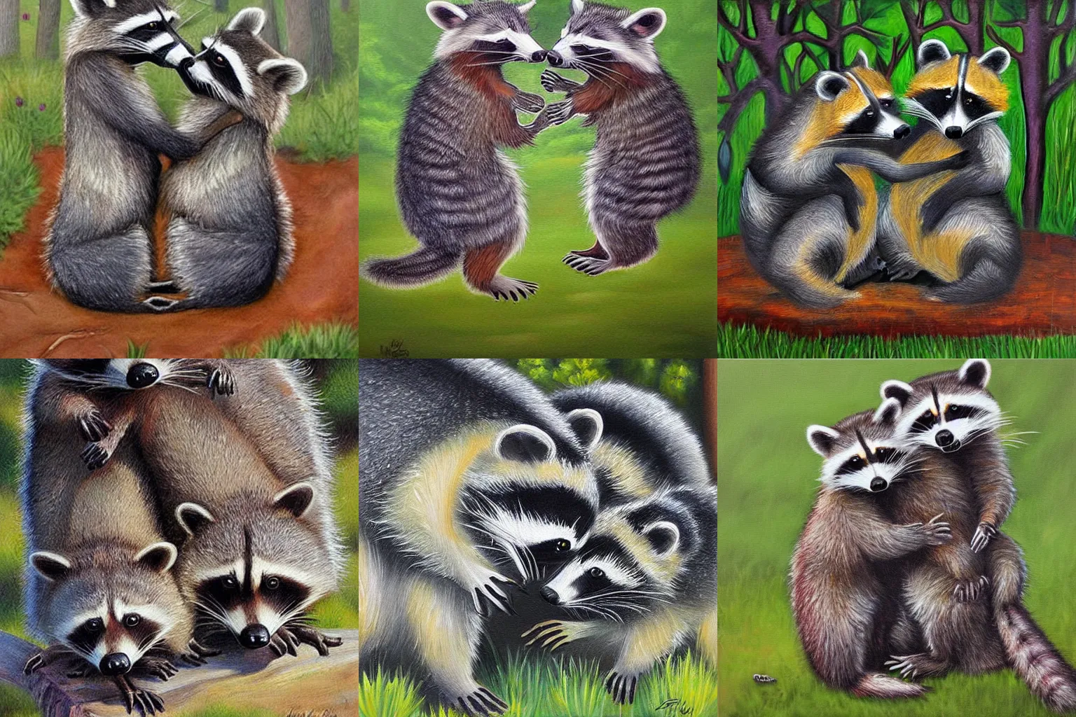 Prompt: two raccoons kissing, beautiful painting