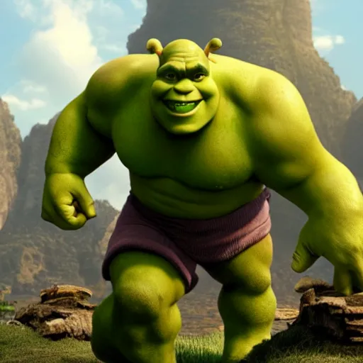 Prompt: shrek as the hulk, wide shot, dramatic lighting, octane render, hyperrealistic, high quality, HD, cinematic