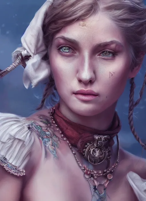 Image similar to detailed realistic full body pastel painting of a pirate female, beautiful face, elegant pose, fantasy, illustration, insanely detailed and intricate, octane render, 4k