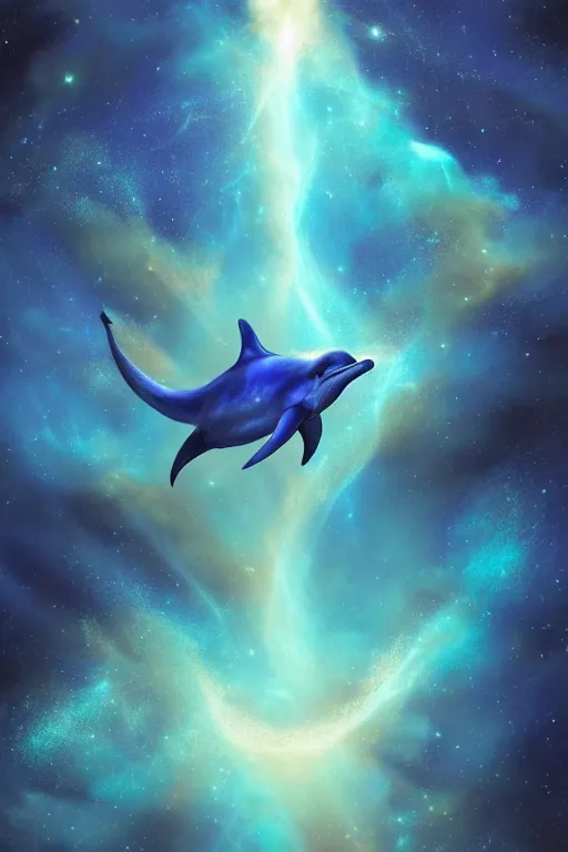 Image similar to Ethereal blue fire dolphin 🐬 flying through a nebula, Sirius star system, star dust, cosmic, magical, shiny, glow,cosmos, galaxies, stars, outer space, stunning, by andreas rocha and john howe, and Martin Johnson Heade, featured on artstation, featured on behance, golden ratio, ultrawide angle, hyper detailed, photorealistic, epic composition, wide angle, f32, well composed, UE5, 8k