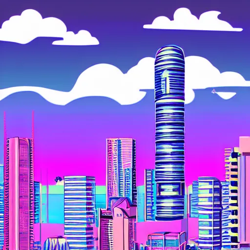 Image similar to city drawn in vaporwave art style