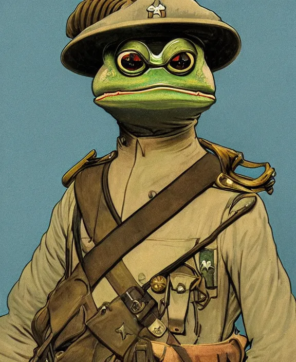 Prompt: Pepe the Frog in WW1 military uniform, Schutztruppe, German Empire, WW1, Tooth Wu Artgerm Greg Rutkowski Alphonse Mucha Beeple artstation deviantart, 8k, fanart, extreme aesthetic