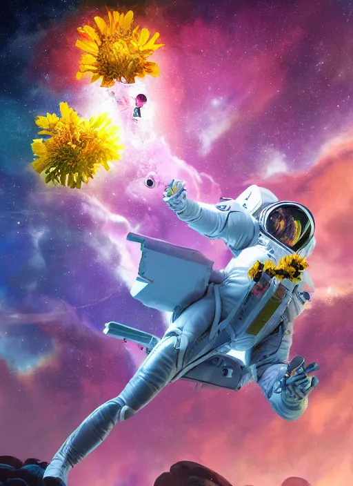 Prompt: An epic fantastic realism comic book style painting of the most beautiful flowers launched into space, bouquets, glorious galactic collision, fisheye lens, unreal 5, DAZ, hyperrealistic, octane render, dynamic lighting