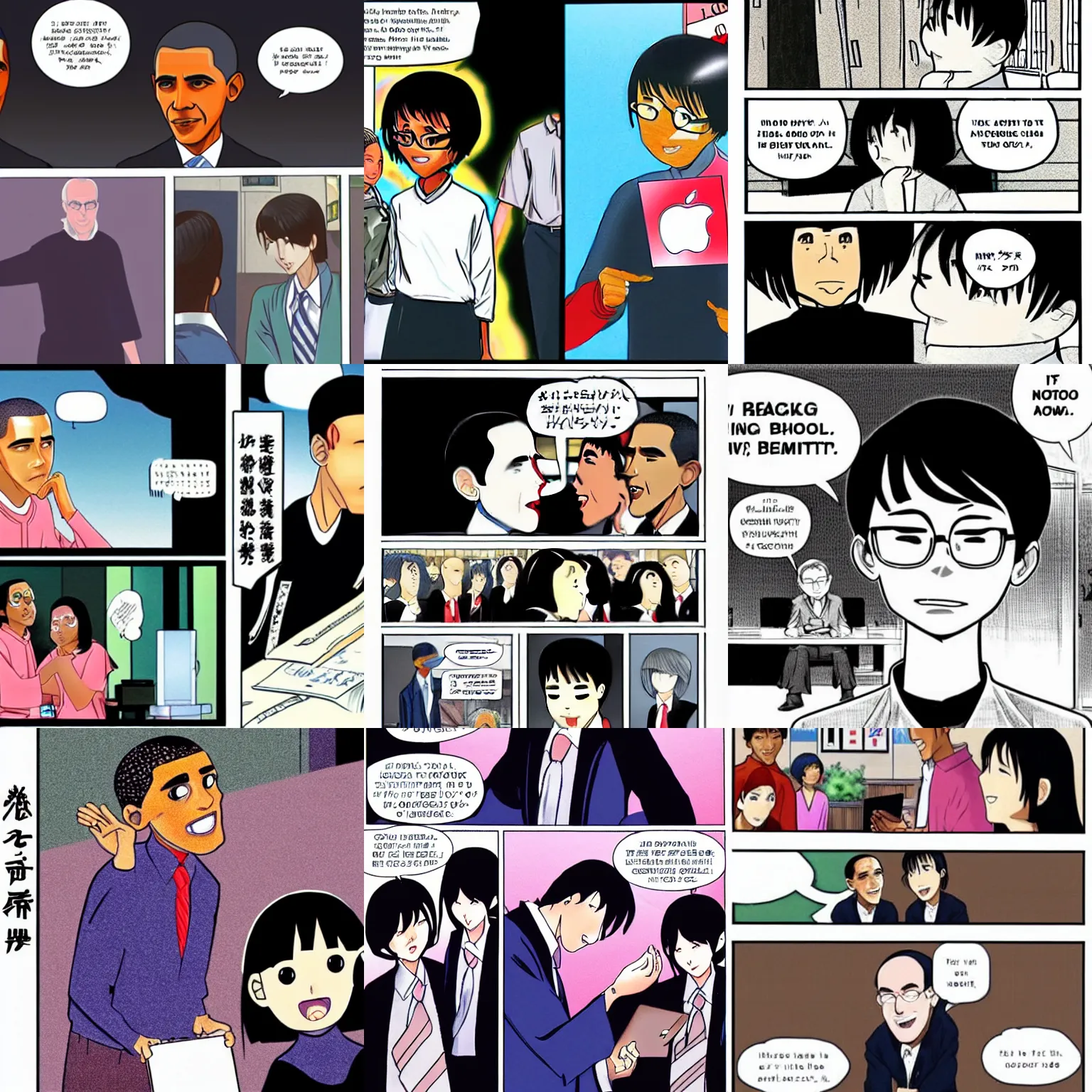 Prompt: manga of barack obama breaking up with steve jobs in an all - girl highschool in kyoto