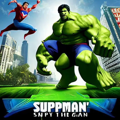 Prompt: video game box art of a ps 4 game called superman vs the incredible hulk, 4 k, highly detailed cover art.