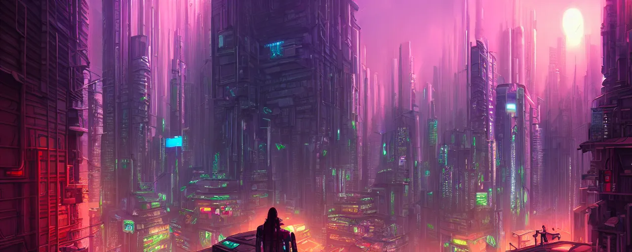 Image similar to A cyberpunk cityscape in the jungle, by Cyril Rolando, landscape, dramatic lighting, high contrast colors, panoramic view, as trending on Artstation, highly detailed,