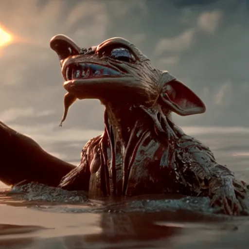 Prompt: a film still of gremlin coming out of water in star wars realistic, detailed, 8 k