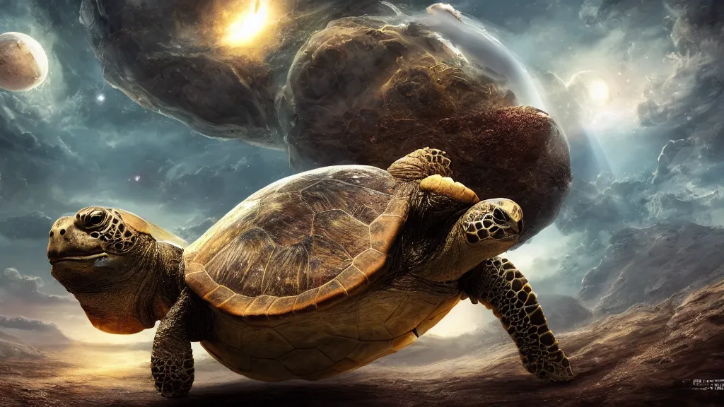 Prompt: the world turtle carrying earth on his back as it floats through space, shell made up of earth, fantasy artwork, very very very beautiful scenery, hd, hdr, ue5, ue6, unreal engine 5, cinematic 4k wallpaper, 8k, ultra detailed, high resolution, artstation, award winning