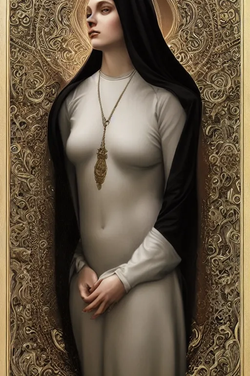 Prompt: ultra realist and ultra intricate detailed soft painting of a beautiful slim curvy female nun in long religius dress, thin lustrous hair, symmetry features, sensual gloomy style, soft painting, volumetric clouds, fantasy background, artstation, Tom Bagshaw artstyle, unreal render, depth of field