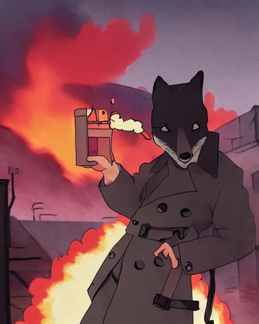 Image similar to a fox in a black trench - coat, smoking a cigarette in front of a huge explosion in the middle of a war, style of anime