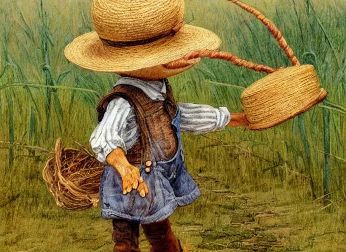 Prompt: a cute short and wide scarecrow with straw for hair and with a straw hat in overalls walking on a dirt road next to a large tall corn field, by tom lovell, ross tran, terry redlin, jean baptiste monge, beatrix potter, painterly