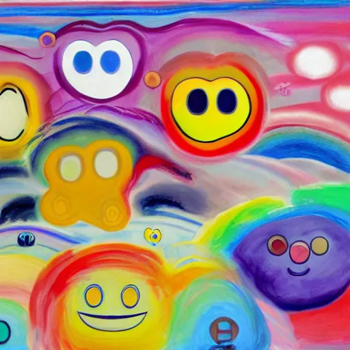 Image similar to clouds with rainbow colors, smiley faces, Edvard Munch, David Hockney, Takashi Murakami, Minimalist,