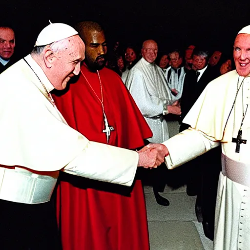 Image similar to photgraph of the pope john paul ii shaking hands with kanye west